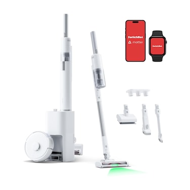 SwitchBot Robot Vacuum and Cordless Vacuum Cleaner K10+ Pro Combo, TwinFlow&trade; Suction Tech, Dual Dust Collection Station, Compact &amp; Lightweight, Super Quiet, Works with Matter/Alexa/Siri, 2.4Ghz WiFi