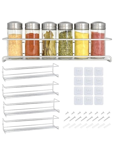 4 Tier Metal Spice Racks, Wall Mounted Spice Jar Storage Rack Organiser, Hanging Spice Rack for Inside Cupboard, Strong Adhesive No Drill for Spices Condiments Cooking Tools, Silver