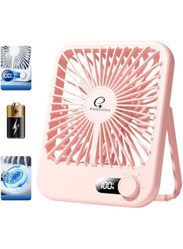 FOXLVDA Small Portable Desk Fan, Battery Operated USB Rechargeable Fan,Folding Hanging Dorm Room Fan for Sleeping, Strong Wind, Ultra Quiet, 100-Speed Table Fan for Bedroom Travel (Pink, 3000mAh)