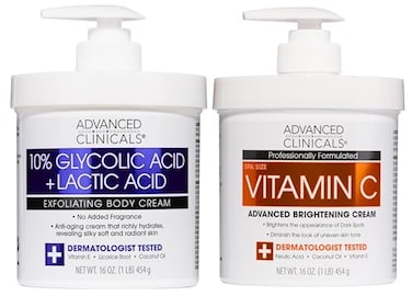 Advanced Clinicals Brightening Vitamin C Body Cream + AHA Exfoliating 10% Glycolic Acid &amp; Lactic Acid Lotion 2Pc Skincare Set For Women &amp; Men To Reduce Appearance Of Dark Spots &amp; Uneven Skin Tone