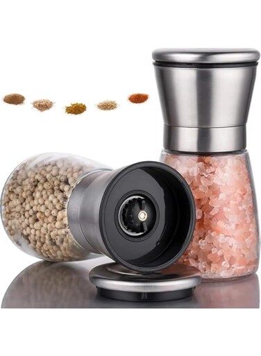 NaturalFeel 2-Pack Stainless Steel Salt and Pepper Grinders Set - Refillable, Adjustable Coarseness for Sea Salt, Black Peppercorn, and Spices