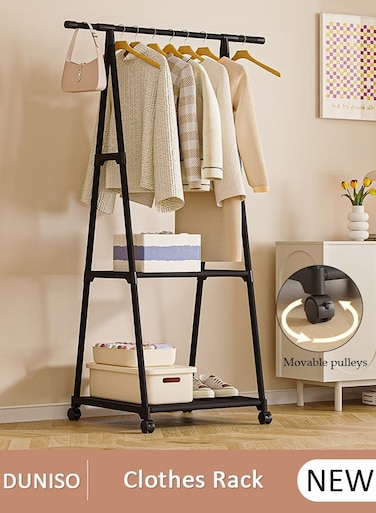 Clothes Rack Clothing Drying Rack, Rolling Garment Rack for Hanging Clothes, Small Metal Pipe Stand Coat Racks on Wheels with 2 Tier Shelves