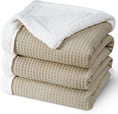 Waffle Sherpa Blanket Queen Size (230cm x 230cm), Luxury Plush Flannel Fleece for Winter, Reversible &amp; Cozy Soft, Khaki