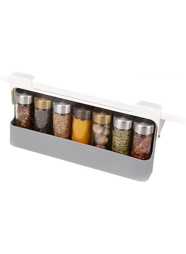 Tazweeq Spice Rack Organizer, Under-Shelf Kitchen Cabinet Storage Solution for Spices, Grey