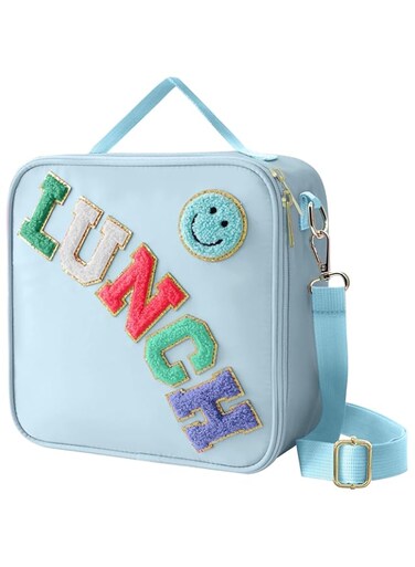 Insulated Lunch Bag With Adjustable Shoulder Strap, Nylon Preppy Lunch Box Large Insulated Lunch Bag Reusable Lunch Tote Bag with Smiley Preppy LunchBag for Girls School Travel Picnic,Blue