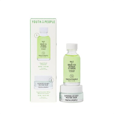 Youth To The People Daily Skin Health Youth Stack - Travel Size Superfood Cleanser (1oz) + Air-Whipped Moisture Cream (15ml) - Vegan Face Wash + Face Cream Skincare Gift Set