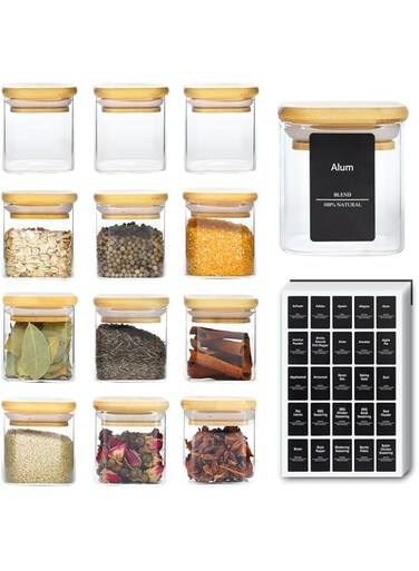 SKYLINK 12Pcs 4oz Glass Spice Jars with Bamboo Lid, Airtight Square Containers with 275 Black Labels &ndash; Perfect for Kitchen Storage, Herbs, Salt, Sugar, Seasonings, and Pantry Organization