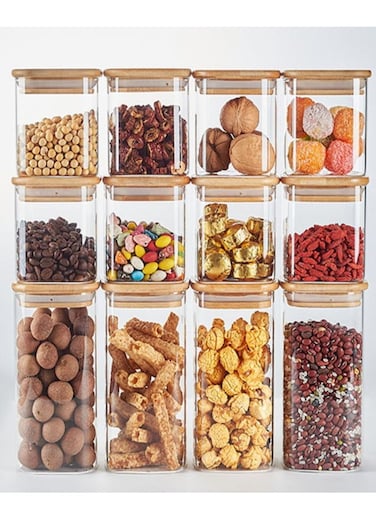 Tycom Glass Jars Set 430ML &amp; 750ML, Food Cereal Storage Spice Containers for Home Kitchen, Food Storage jars With Labels, Marker and spoons, Square 8cm Mixed 12P With Wood Lid.