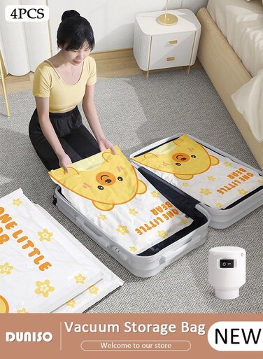 4 PCS Foldable Vacuum Storage Bag with Electric Pump, Reusable Travel Vacuum Sealer Bags, Compression Airtight Sealer Bags with Seal Special-Grip Clip, Space Saver Compression Bags for Clothes, Mattress, Blanket, Duvets, Pillows, Comforters, Quilt