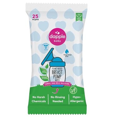 Dapple Breast Pump Wipes Baby, Hypoallergenic &amp; Powered By Plants, Removes Milk Residue, Leaves No Taste, Convenient Wipes Pouch, Fragrance Free, 25 Count (Pack Of 1)