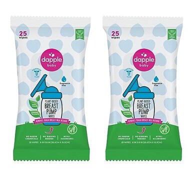 Dapple Breast Pump Wipes Baby, Hypoallergenic &amp; Powered By Plants, Removes Milk Residue, Leaves No Taste, Convenient Wipes Pouch, Fragrance Free, 25 Count (Pack Of 2)