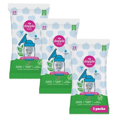 Dapple Breast Pump Wipes - Baby, 25 Count (Pack Of 3), Fragrance Free, Plant Based &amp; Hypoallergenic - Removes Milk Residue, Leaves No Taste - Convenient Wipes Pouch