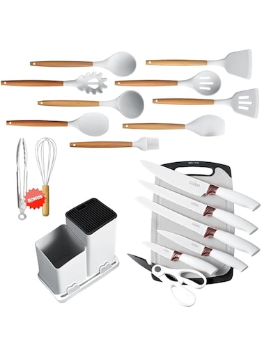 CANAIMA 19-Piece Kitchen Knife &amp; Utensils Set w/Holder Rack and Cutting Board - Complete, Durable, &amp; Versatile Cooking Solution for Professional Results - Knife Set for Meat Fruits Veggies (White)