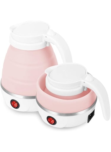 Folding Electric Kettle, Mini 0.6L Silicone Folding Electric Kettle with Stainless Steel Bottom for Hiking, Camping, Travel, Holidays (Pink)