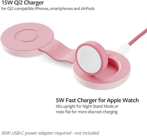 Twelve South Butterfly SE 2-In-1 Qi2 USB-C MagSafe Charging Station (Not Wireless) - Travel Charger For iPhone 15/14/13/12, Apple Watch, Airpods Pro - Portable Charging Stand For Apple Devices, Pink