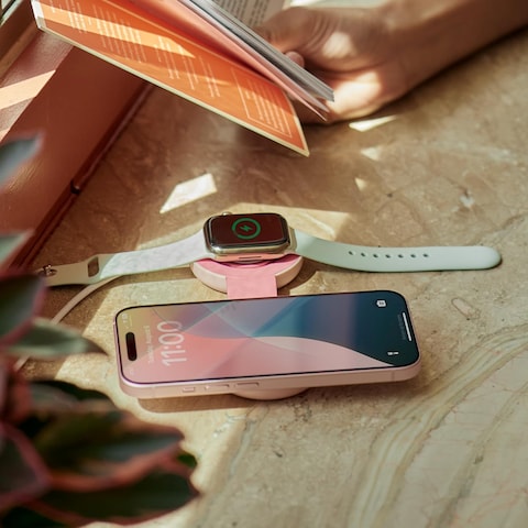 Twelve South Butterfly SE 2-In-1 Qi2 USB-C MagSafe Charging Station (Not Wireless) - Travel Charger For iPhone 15/14/13/12, Apple Watch, Airpods Pro - Portable Charging Stand For Apple Devices, Pink