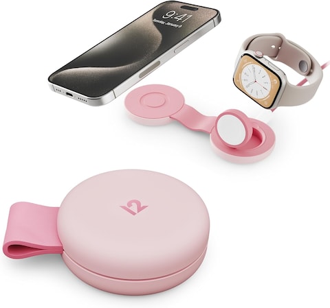 Twelve South Butterfly SE 2-In-1 Qi2 USB-C MagSafe Charging Station (Not Wireless) - Travel Charger For iPhone 15/14/13/12, Apple Watch, Airpods Pro - Portable Charging Stand For Apple Devices, Pink