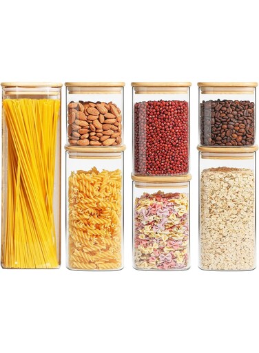 7-Piece Airtight Food Storage Container Set   BPA-Free Plastic with Bamboo Lids   Kitchen &amp; Pantry Organizer for Cereal, Flour, Sugar, Coffee, Tea &amp; More