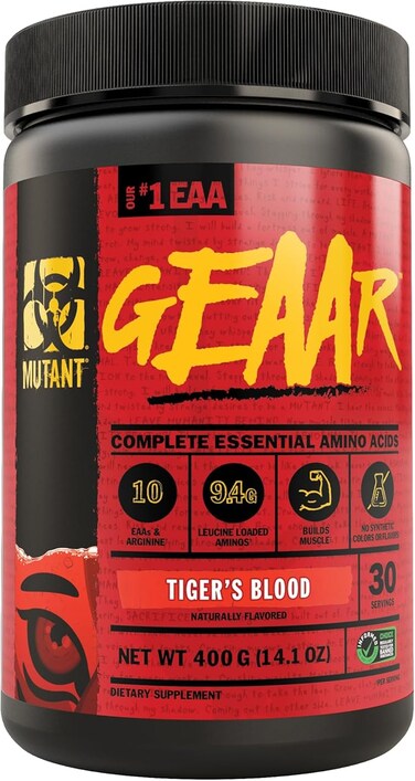 MUTANT GEAAR - 9.4g of EAA Powder + Arginine, 7g BCAAs, 4g Leucine, Electrolytes, Coconut Water, No Artificial Colors or Flavors, Delicious Taste - 30 Servings - Tiger's Blood - 378g