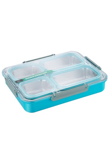1800ml Stainless Steel Bento Box for Kids, 4 Compartment Lunch Box, Skid-proof Silicone for Kids &amp; Adults, Bonus Stainless Steel Spoon, Dishwasher &amp; Microwave Safe (11.8x9.5x2.4in) (Blue)