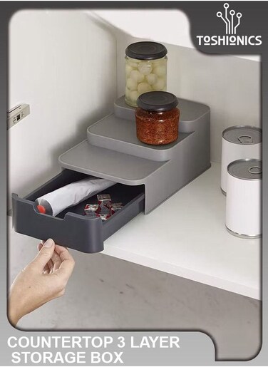 Compact 3 Tier Shelf Organizer Cupboard Store Plastic Spice Rack Waterproof Non-Skid and Non-Slip Holder Bottle Rack to Use in Kitchen Pantry Office Room Vanity Bathroom Cabinet Countertop with Drawer