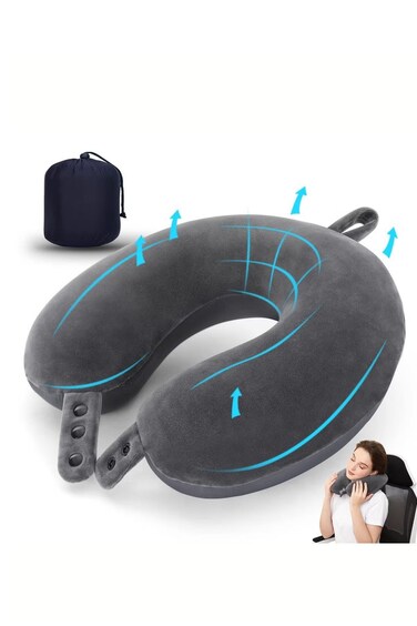 Travel Neck Pillow, Top Memory Foam Pillow for Head Support, Ideal for Airplanes Cars and Home Recliners, Adjustable and Soft Grey