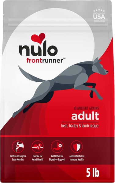 طعام للكلاب من نولو فرونترانر اول بريد، طعام جاف طبيعي فاخر مع حبوب قديمة، مساعد هضمي صحي BC30 بروبيوتيك ومضادات الأكسدة لصحة المناعة، لحم الضأن والشعير البقري، كيس 5 باوند