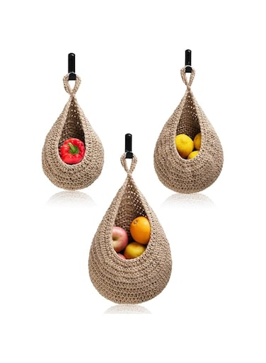 HOOTO 3 Pack Hanging Fruit Baskets for Kitchen, Boho Wall Hanging Fruit Baskets with 3 Hooks, Handwoven Hanging Holder Teardrop Home Produce Basket for Fruits Vegetable Potato Onion Storage Brown