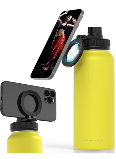 Insulated Water Bottle - Magnetic Phone Holder Bottle With Tripod Mount - Stainless Steel - Cold 24H, Hot 12H, 180&Acirc;&deg; Rotate (Yellow, 32 Ounces)