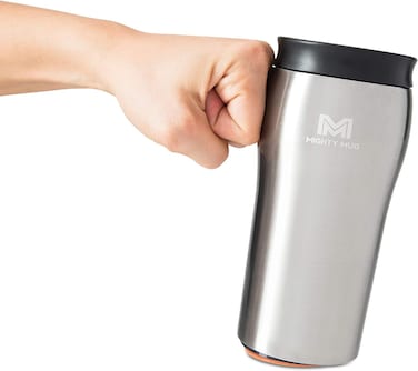 Mighty Mug, The Untippable Mug, Grips When Hit, Lifts for Sips, Insulated Stainless Steel Tumbler, Cupholder Friendly Gifts for Women Men All, Leakproof, 6 Hours Hot / 24 Cold, 12oz, Silver