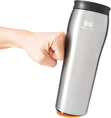 Mighty Mug, The Untippable Mug, Grips When Hit, Lifts for Sips, Insulated Stainless Steel Tumbler, Cupholder Friendly, Gifts for Women Men All, Leakproof, 6 Hours Hot / 24 Cold, 16oz, Silver