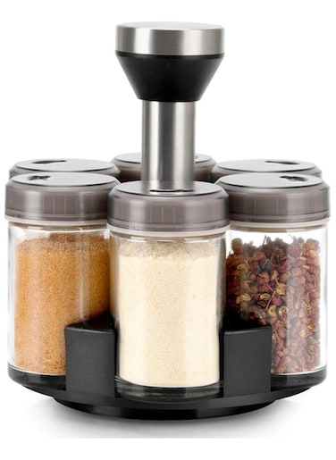 6-Jar Spice Rack Set with Revolving Stand - Airtight Jars for Spices, Salt, Sugar, Coffee Powder - Compact, Stylish, and Durable Kitchen Storage