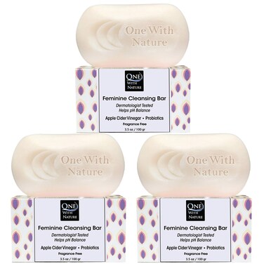 One With Nature Feminine Cleansing Bar 3Pack 3.5Oz - Fragrance-Free Feminine Soap Bar, Probiotics, Apple Cider Vinegar, Omega Fatty Acids, Oatmeal, Pure, Gentle Cleansing Bar for All Skin, Face, Body