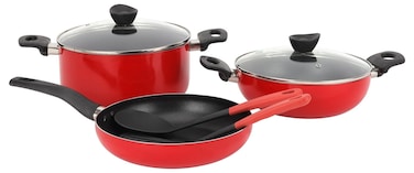 7 piece Non Stick Cookware Set DC3376 Tempered Glass Lids, Bakelite Knobs, and CD Bottom Includes Casserole, Wokpan, Fry Pan, and 2 Nylon Tools