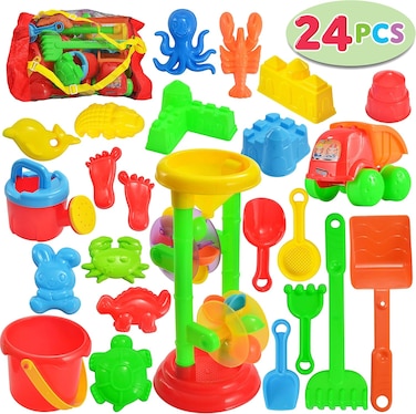 JOYIN 24 Pcs Beach Sand Toys Set Includes Sand Water Wheel, Sandbox Vehicle, Sand Molds, Bucket, Sand Shovel Tool Kits, Sand Toys For Toddlers Kids Outdoor Play (1 Bonus Mesh Bag Included)