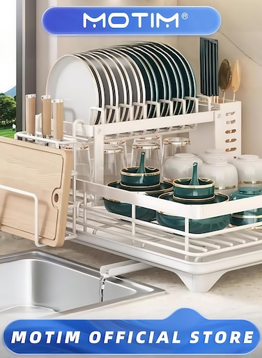 Dish Drying Rack Stainless Steel 2 Tier Large Dish Racks with Drainboard and Cutlery Holder for Kitchen Counter (White)
