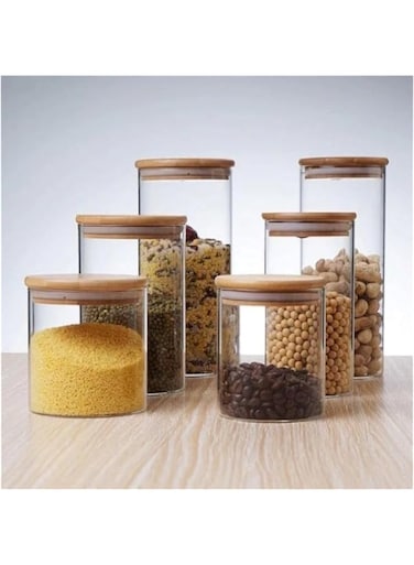 PICCASIO&trade; 6 Pcs Glass Jars, High Borosillicate Cookie Container, Clear Food Storage Canisters Sets for Bean, Spaghetti, Pasta Cereal &amp; Herbs, Airtight Food Containers with Bamboo Lids