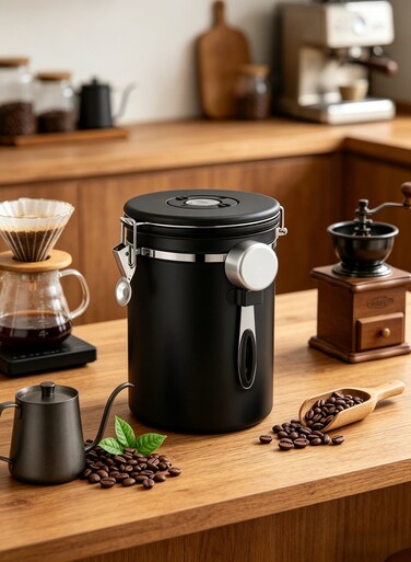 Airtight Coffee Canister, Coffee Jar for Coffee Grounds and Beans, Stainless Steel Kitchen Coffee Bean Can with Date Tracker and Scoop 1500ml Black