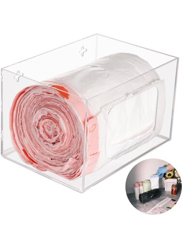 Large Trash Bag Dispenser Holder, Wall Mount Acrylic Kitchen Single Side Loaded Organizer Storage Box Holder for Garbage Bag Grocery Bag Plastic Bag