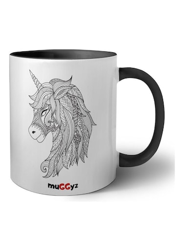 Hartals Hand Drawn Decorative Unicorn Printed Mug Black/White