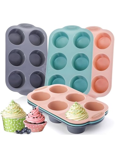 SPNOR Silicone Muffin Pan, 6 Cavity Nonstick Baking Tray for Muffins, Cupcakes, Brownies and More, Food Grade Pack of 3 Colors