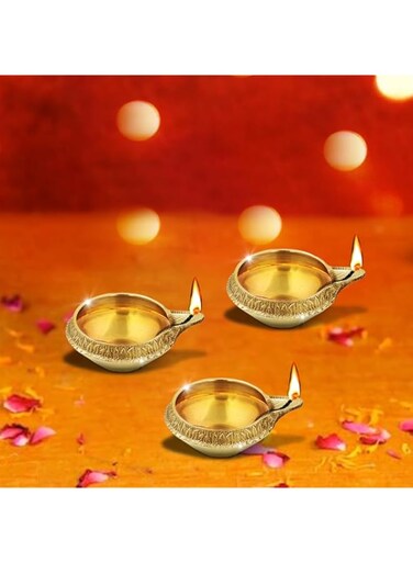 Shubhkart Traditional Embossed Brass Oil Pooja Lamp for Puja Kuber deep/Diya/Deepak/Deepam Oil Lamp Packs, Diwali/ Navratri items gifting for Home D&eacute;cor Light &amp; Office Decorations (Pack of 3)
