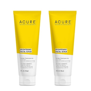Acure Brightening Facial Scrub Duo Pack - 4 Fl Oz Each - 2 Pack - All Skin Types, Sea Kelp &amp; French Green Clay - Softens, Detoxifies and Cleanses