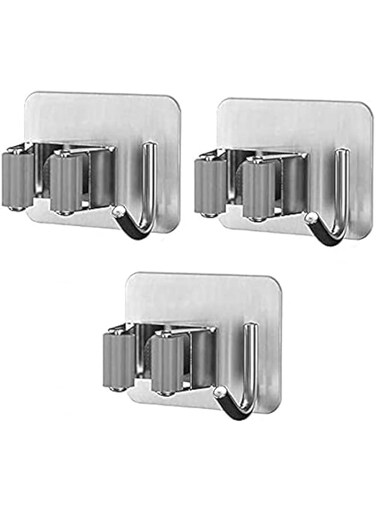 JANNAH 3pcs Self Adhesive Wall Mounted Mop Hook Stainless Steel Free Punch Mop Clip Wall Hanging Hook Practical Clip Mop Storage with Hooks