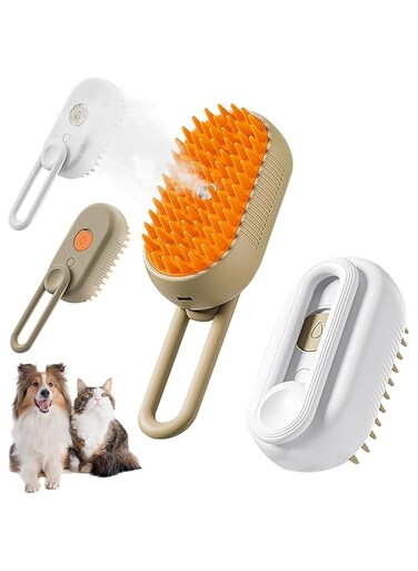 2 Pcs Pet Spray Massage Brush, Cleaning Pet Brush for Massage, Brush for Cat and Dog Hair Cleaning, Pet Comb for Massage and Bathing with One Click Spray, White &amp; Khaki