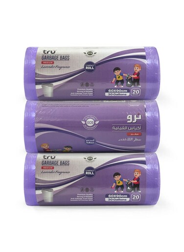 Lavender Scented Garbage Bags Compact Roll 60x90cm 30 Gallon ( 20pc x 3 Rolls ) 60 bags