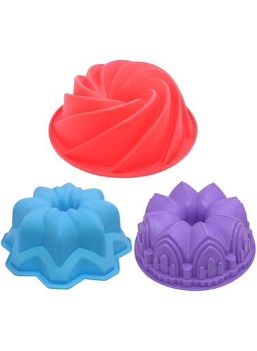 AIFUDA 3 Pcs Silicone Cake Bread Baking Molds, Large Swirl Cake Mold Castle Cake Mold and Double Flower Cake Mold for Birthday Party DIY