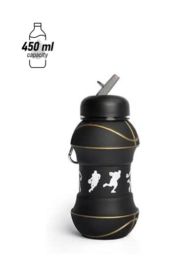 Collapsible Basketball Water Bottle &acirc;&euro;&ldquo; Foldable &amp; Leak Proof for Kids (450ml) Black