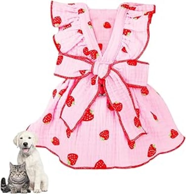 Masroo Dog Dresses for Small Dogs Girl Female Dog Clothes Cat Clothes Cat Dress Cute Cotton Extra Small Summer Clothes Bow Decor Printed Strawberry Dog Birthday Outfit Small Puppy Clothes