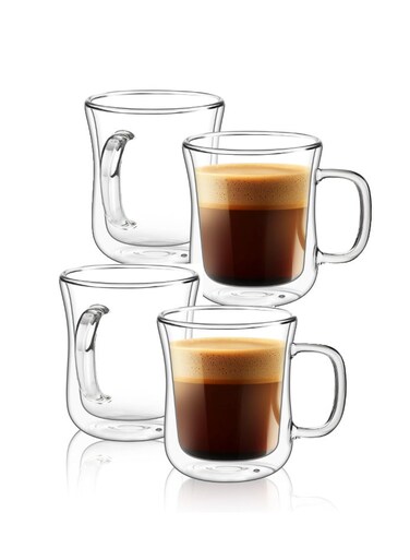 4- Pieces Double Wall Glass Coffee Mugs 250ml, Clear Glass Coffee Mugs for Hot Beverages